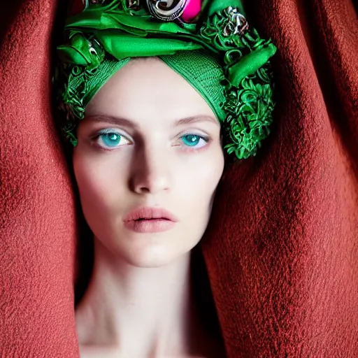 Prompt: fashion photography beautiful green eyes, close up shot, haute couture dresses by balenciaga, canon ef 1 0 5 mm f / 2. 8 the grand budapest hotel