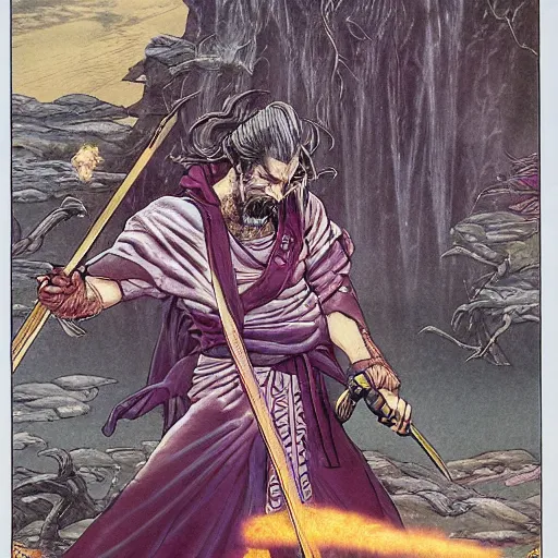 Image similar to Frank Zappa golden Vagabond magic swordsman glides through a beautiful battlefield magic the gathering dramatic esoteric pen and ink illustrated in high detail by Hiroya Oku, Moebius, and Tatsuki Fujimoto shonen jump 2077