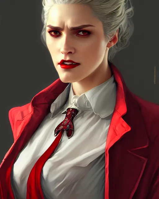 Image similar to female vampire, gold waistcoat, red shirt, grey hair, red necktie, cinematic, stunning, highly detailed, digital painting, artstation, smooth, hard focus, full body shot, illustration, art by artgerm and greg rutkowski and alphonse mucha