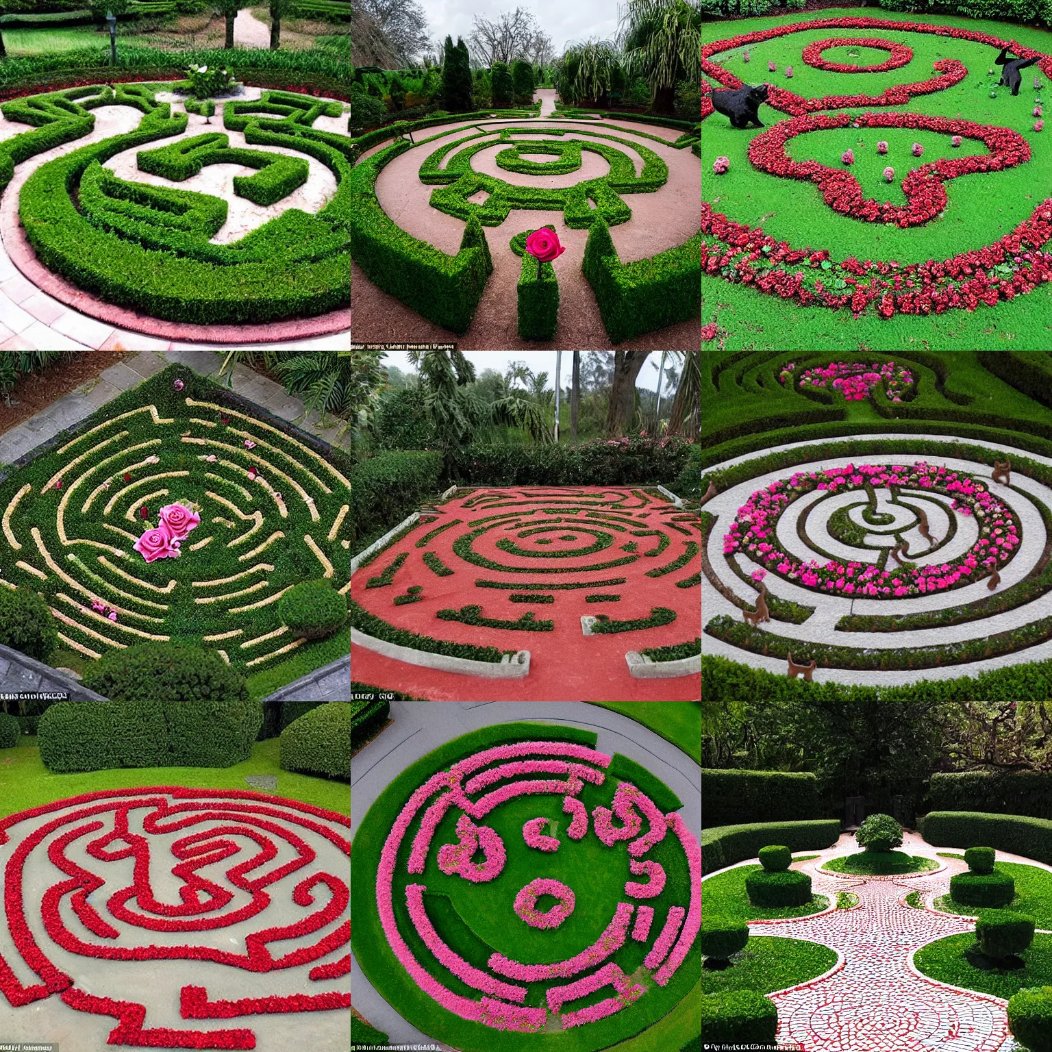 Prompt: a formal rose garden labyrinth where there are many cats on the paths, located in the eye of a hurricane