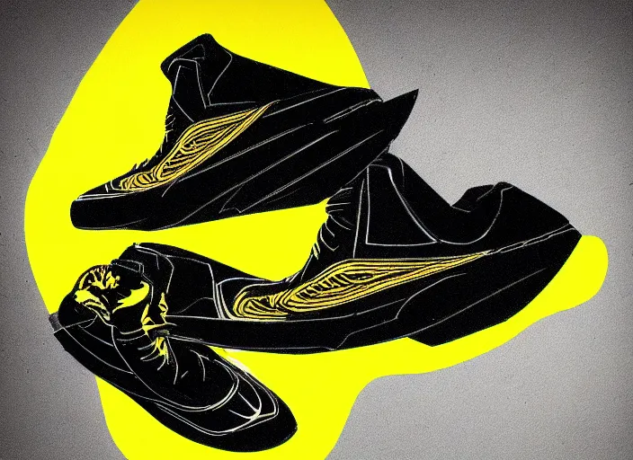 Image similar to glowing black sneaker, wth short golden lines, yellow details, symmetrical, highly detailed, digital art, sharp focus, trending on art station, samurai, electricity superpowers, anime art style