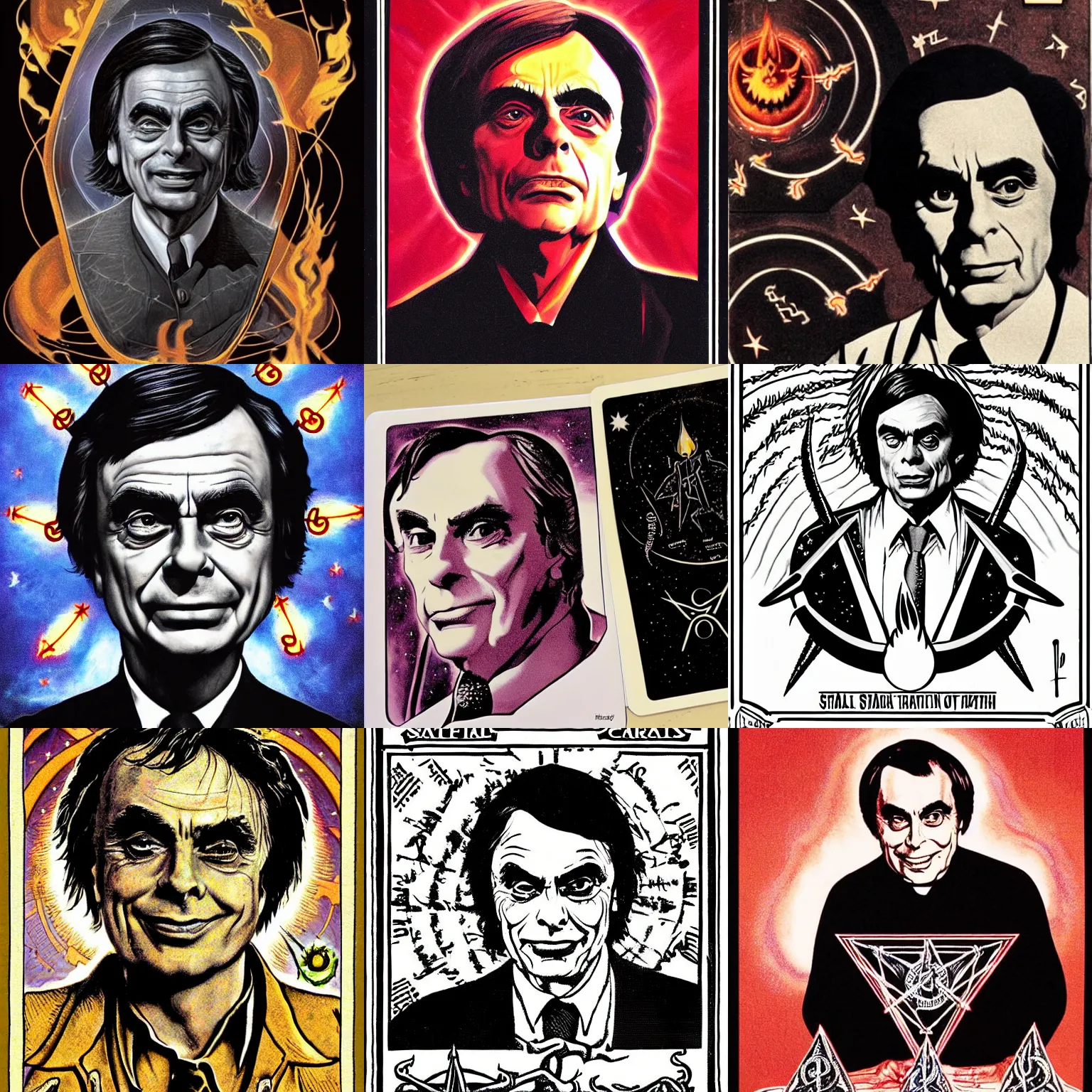 Prompt: Satanic Carl Sagan, Dark lord of Hell. Portrait. Evil personified. Occult. Tarot. Upside Down Pentgram. horns. flames. hyper realistic