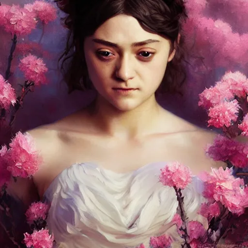 Prompt: expressive oil painting, of arya stark, smooth glowing skin, ornate headpiece made from pink flowers, glamour shot, by yoshitaka amano, by bouguereau, bygreg rutkowski, by jeremyg lipkinng, by artgerm, digital art, octane render