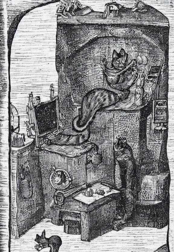 Prompt: [Dark medieval illustration of a cat watching youtube on a computer]