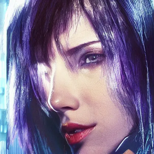 Prompt: a beautiful still of scarlett johansson as motoko kusanagi from ghost in the shell, cyberpunk style, looking off into the distance, short black hairs, with a soft, blue hour, neons light from night city falling on her face. focus on her eyes and brows. by annie leibowitz