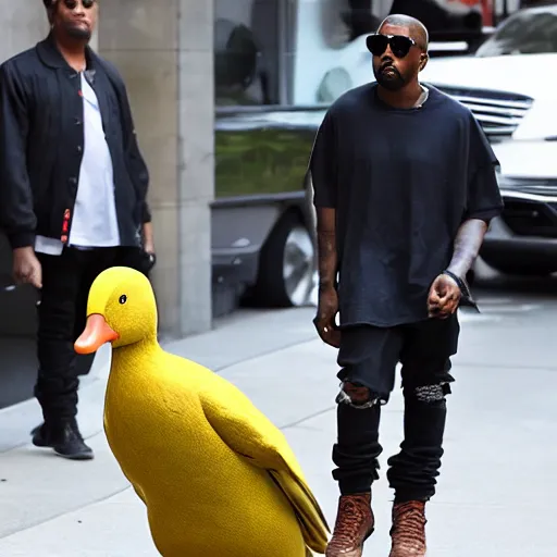 Image similar to a paparazzi photo of kanye west walking next to a giant duck