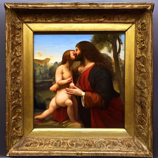 Image similar to 1 8 th oil panting of a jesus kissing with maria maddalena