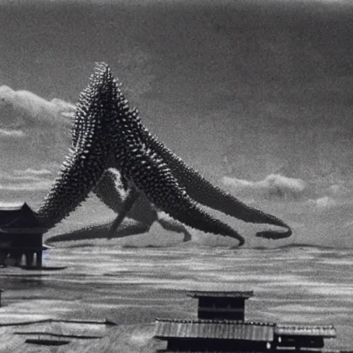 Image similar to a giant Kaiju Starfish Monster over a traditional Korean village, minimal cinematography by Akira Kurosawa, hyperrealistic movie filmstill, film noir, thriller produced by Kim Jong-il