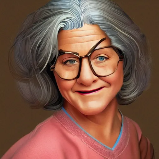 Prompt: jennifer aniston as mrs doubtfire, pixar cute, highly detailed, sharp focus, digital painting, artwork by Victor Adame Minguez + Yuumei + Tom Lovell + Sandro Botticelli