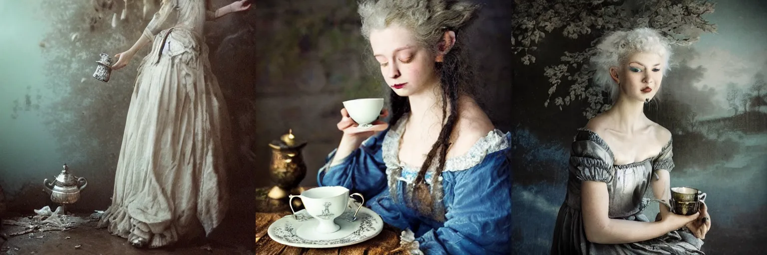 Prompt: A 18th century, messy, silver haired, (((mad))) elf princess, dressed in a ((ragged)), wedding dress, is ((drinking a cup of tea)), in her right side is a porcelain tea set. Everything is underwater. Mystical, dreamlike, atmospheric, scarry, greenish blue tones, theatrical, (((underwater lights))), high contrasts. fantasy concept art by Henry Meynell Rheam, Monet, and John Everett Millais