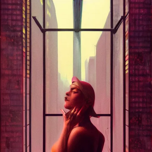 Image similar to detailed face of a woman, moment, cyberpunk cloisters, electronic billboards, tech noir, wet reflections, atmospheric, ambient, pj crook, syd mead, livia prima, greg rutkowski, edward hopper