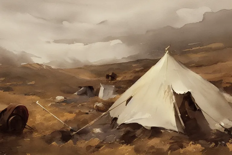 Prompt: small centered on white watercolor paper, paint brush strokes, abstract watercolor painting of nomad tent camp, scandinavia, smoke, midday sharp light, cinematic light, american romanticism by hans dahl, by jesper ejsing, by anders zorn, by greg rutkowski, by greg manchess, by tyler edlin