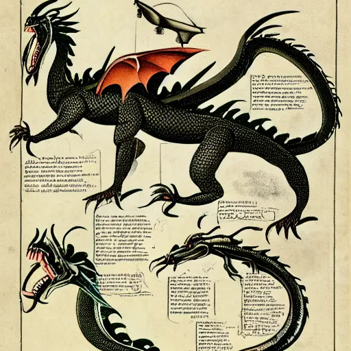 Image similar to old encyclopedia illustrations presenting dragons, with descriptive text, informative diagrams and notes