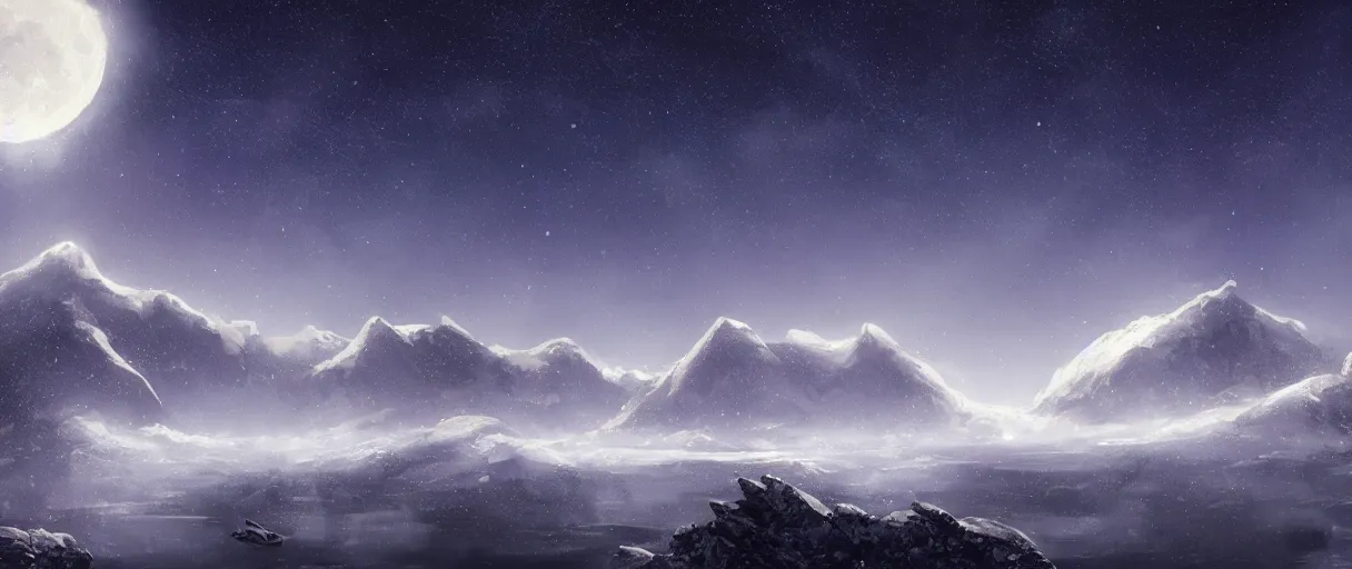 Image similar to snowy mountain range, stars in sky, whales swimming in sky, digital painting, concept art, high detail, style of Jordan Grimmer, fluffy calm clouds, matte painting, high res, moon shine, volumetric, starry sky