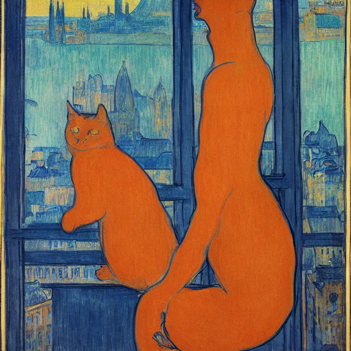 Prompt: woman and giant orange cat with city with gothic cathedral and tall trees seen from a window frame with curtains. dark indigo blue, turquoise, gold, earth brown. autumn light. delville jean, henri de toulouse - lautrec, utamaro, matisse, monet