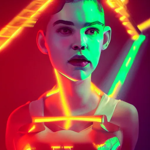 Image similar to grimes on stage dancing, volumetric neon lights in the background, gleaming, 3 5 mm photography, portrait!!!!!!, trending on artstation, 4 k, 8 k, zbrush, mannerism