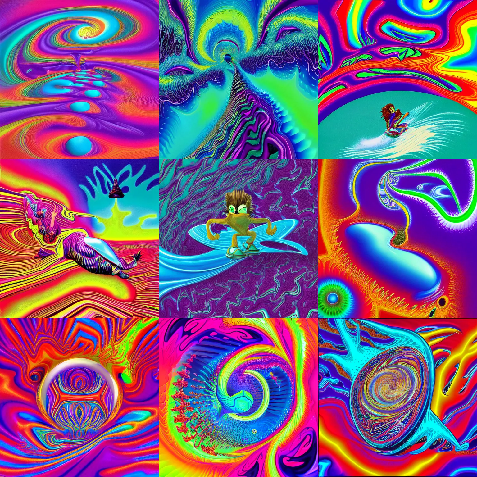 Prompt: surreal, recursive fractals, sharp, detailed professional, high quality portrait sonic airbrush art MGMT tame impala album cover portrait of a liquid dissolving LSD DMT sonic the hedgehog surfing through cyberspace, purple checkerboard background, 1990s 1992 Sega Genesis video game album cover