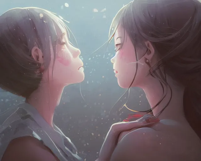 Image similar to two beautiful girls kissing, sharp details, sharp focus, elegant, highly detailed, illustration, by jordan grimmer and greg rutkowski and pine ( ハイネ ) and 薯 子 imoko and 香 川 悠 作 and wlop and maya takamura, intricate, beautiful, trending artstation, pixiv, digital art