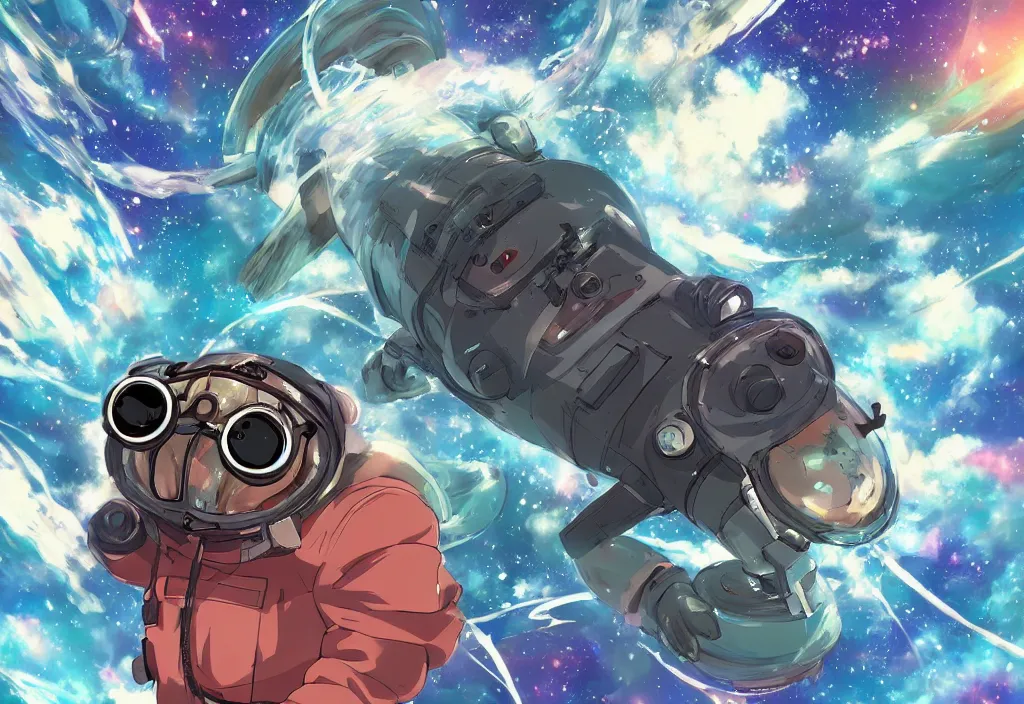 Prompt: An anime art of one Tardigrade wearing glasses floating through space, digital art, 8k resolution, anime style, high detail, lowrider style, wide angle