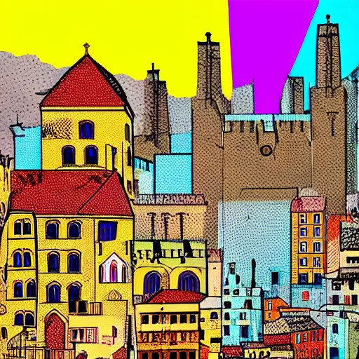 Prompt: pop art medieval cityscape