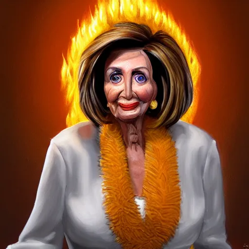 Image similar to « full length portrait of nancy pelosi as an muppet in a white robe and flaming yellow eyes, seven stars in right hand, grim - lighting, high - contrast, intricate, elegant, highly detailed, digital painting, artstation, concept art, smooth, sharp focus, illustration »