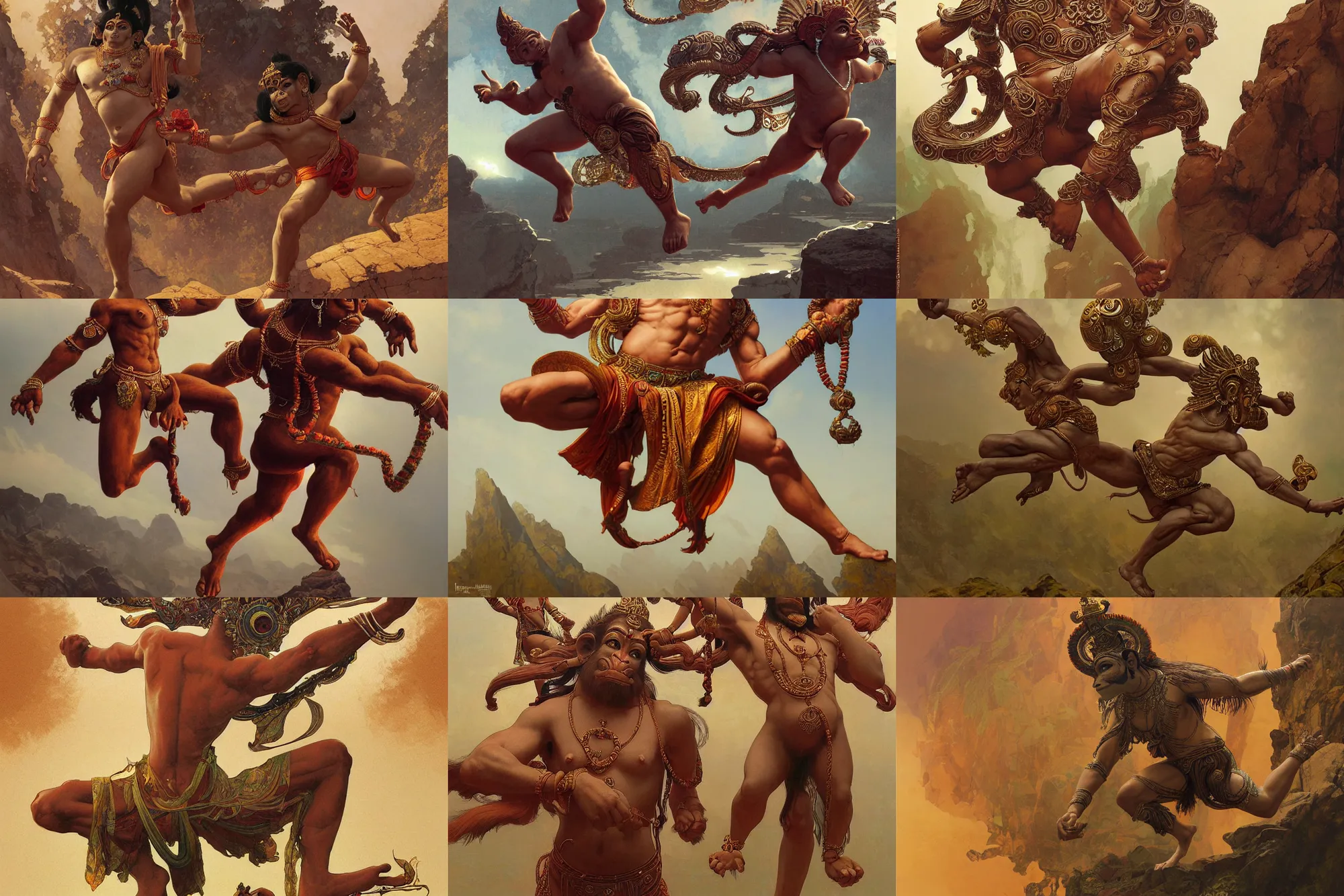 Prompt: a full body landscape of a beautiful ornated hanuman god, leaping with both legs widely stretched in opposite directions, intricate, elegant, highly detailed, digital painting, artstation, concept art, smooth, sharp focus, digital illustration, art by krenz cushart and artem demura and alphonse mucha