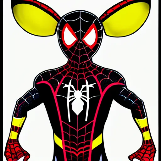 Prompt: spiderman miles morales with pink suit and yellow glowing eyes, and alien ears, comic style cinema c 9. 0
