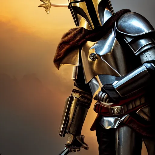 Image similar to a highly detailed knight in a mandalorian golden helmet and crown with a diamond in the center, golden armor, leather clothes under the armor, leather gloves, holds a black sword, artstation, DeviantArt, professional, octane render, sunset lighting