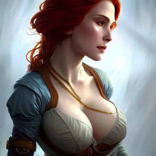 Image similar to Triss Merigold from The Witcher, D&D, fantasy, intricate, elegant, highly detailed, digital painting, artstation, concept art, matte, sharp focus, illustration, art by Artgerm and Greg Rutkowski and Alphonse Mucha