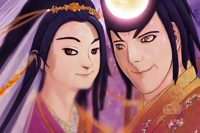 Image similar to a cinematic portrait of wedding photograph jpeg close up moment of a divine a japan sun god and moon goddess lovers magician at a wedding banquet. portraiture. digital painting. artstation. concept art. wedding photo. digital painting. naruto the movie art masterpiece by art by krenz cushart