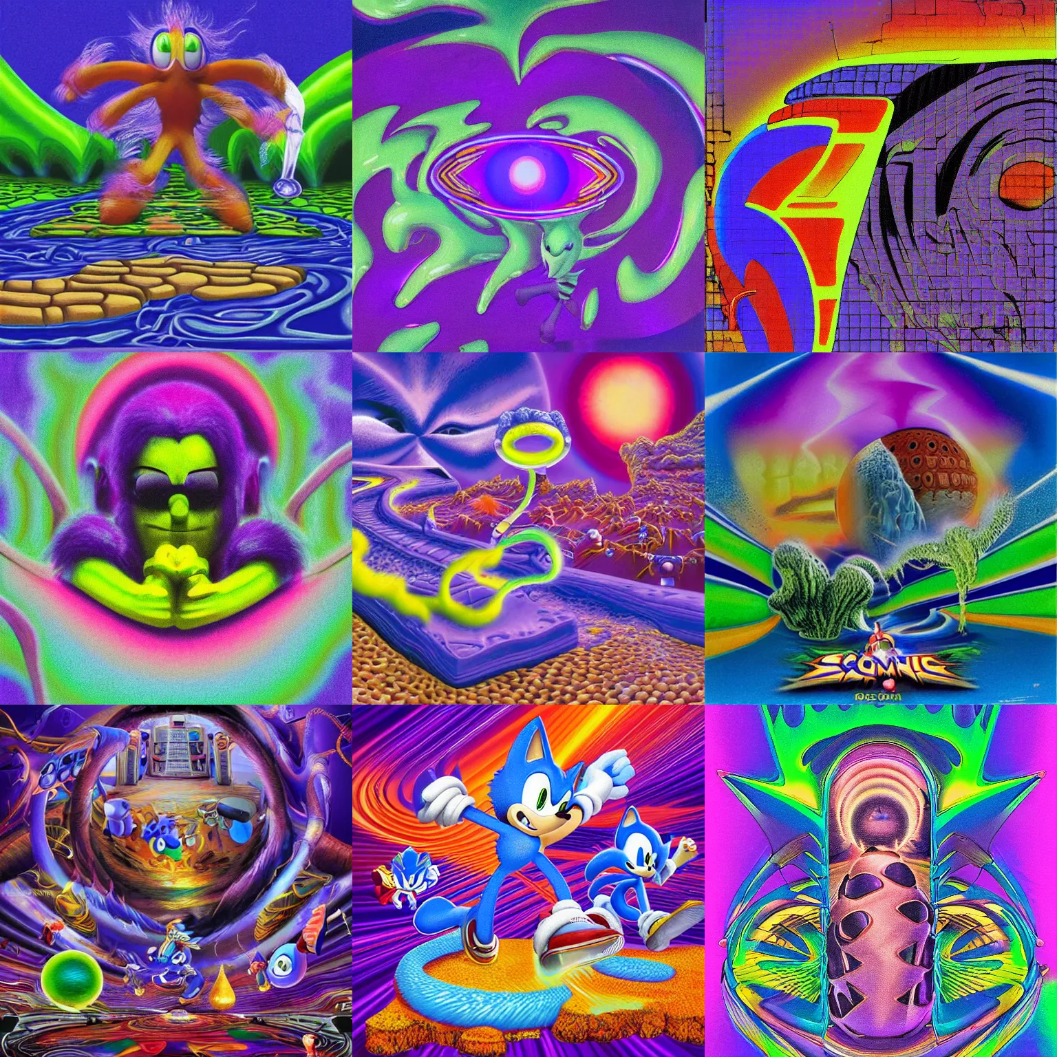 Prompt: dreaming of closeup sonic the hedgehog portrait lava lamp claymation scifi matte painting landscape of a surreal alex grey, sonic retro moulded professional soft pastels high quality airbrush art album cover of a liquid dissolving airbrush art lsd sonic the hedgehog swimming through cyberspace purple checkerboard sonic background 1 9 8 0 s 1 9 8 2 sega genesis video game album cover