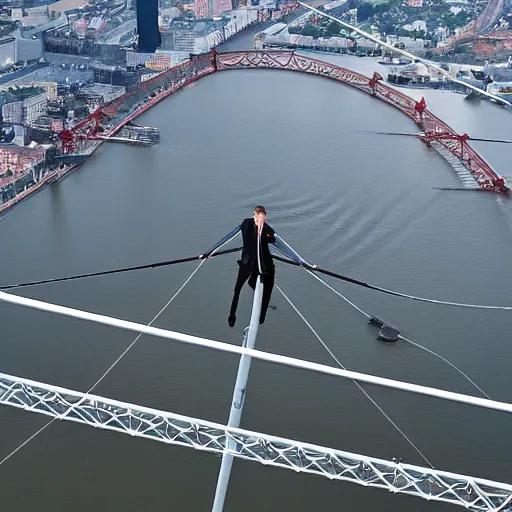 Image similar to tightrope walker above Erasmus bridge