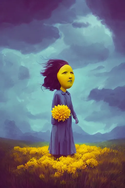 Image similar to closeup girl with huge yellow dahlia flower face, intricate, standing on mountain, surreal photography, blue storm clouds, dramatic light, impressionist painting, digital painting, artstation, simon stalenhag