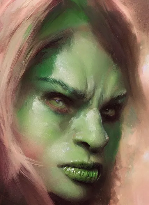 Prompt: green orc female, light green tone beautiful face by jeremy mann, greg rutkowski, noah bradley, digital painting