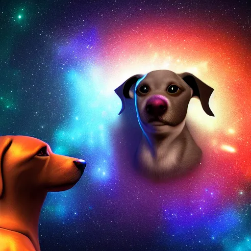 Image similar to render of dog at night, cosmic dog, galaxy coloured dog, rendered in unreal engine, artstation, colourful