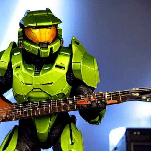 Image similar to Master Chief from Halo playing guitar at a music festival in Japan