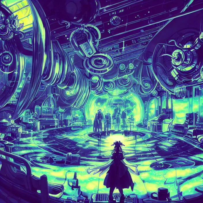 Prompt: Albedo from overlord, mamimi samejima, psychedelic background, epcot, inside a space station, eye of providence, female anime character, Lain, uwu, uwu, Luminism, Tomas Sanchez, surrealism, Simon Stålenhag, Ruan Jia, uwu Hi-Fructose, Artstation, HD, HDR, High Resolution, technological rings, giygas