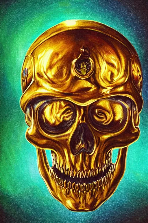 Image similar to 35 mm lens photo of chthonic skull lsd colors wearing a golden roman helmet with sharp teeth and rgb background smoke, direct sunlight, glowing, vivid, detailed painting, Houdini algorhitmic pattern, by Ross Tran, WLOP, artgerm and James Jean, masterpiece, award winning painting