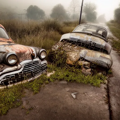 Image similar to apocalyptic, ruined town, abandoned streets, littered, decrepit homes and sheds on the side of the road, slowly being reclaimed by nature. rusted vintage cars. fog, dew, rain, volumetric lighting, beautiful, summer morning dew, sharp focus, ultra detailed, cgsociety - w 1 0 2 4 - n 8 - i