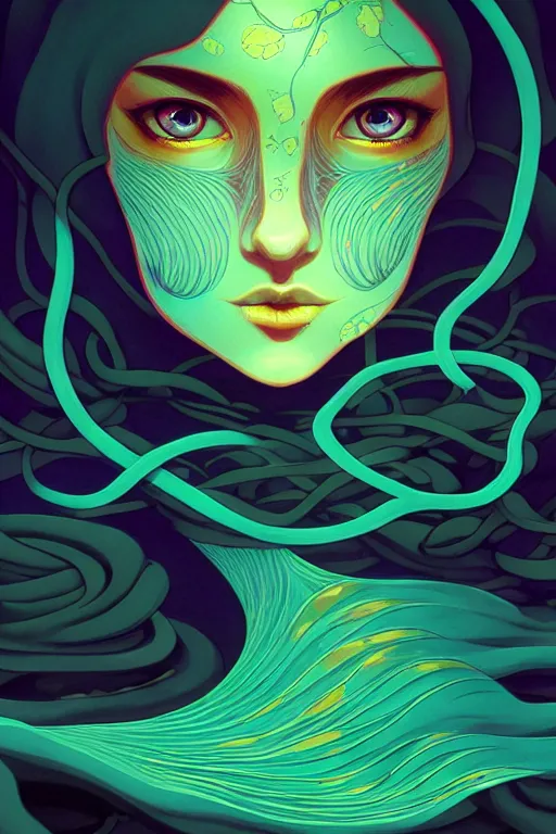 Image similar to 👁👩🏾🌊👾, phantom, dreary, dramatic, fluid, golden ratio, artstation, moebius + loish, hd, long vines,