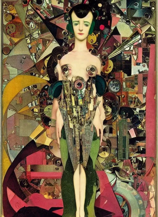 Image similar to cute punk goth fashion fractal alien martian girl wearing kimono made of circuits and leds, surreal Dada collage by Man Ray Kurt Schwitters Hannah Höch Alphonse Mucha