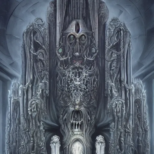 Image similar to monstrous and twisted cathedral with an altar that has a statue to many eyed veiny and four armed cthulhu, tentacles twisting in lotus position. in the style of hr giger and zdzisław beksinski gloom misty glow oil painting biomechanical