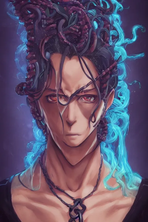 Prompt: portrait of an anime manga guy with snake dreads, straight on, by artgerm, james jean, tom bagshaw, gerald brom, vaporwave colors, lofi colors, vaporwave, lofi, goth vibe, 4 k, smooth, hd, substance designer render, full body character concept art, symmetrical, 2 point lighting,