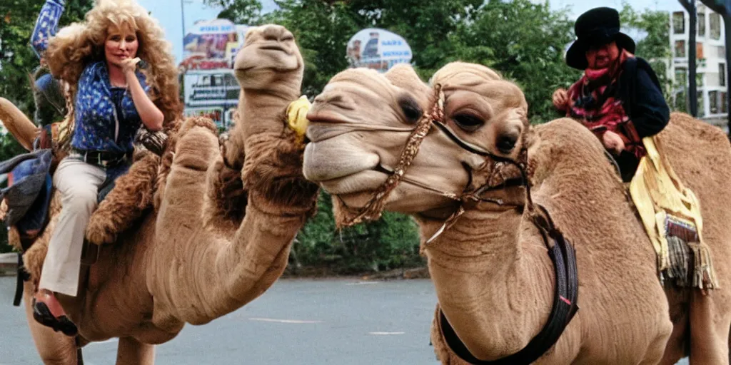 Prompt: Dolly Parton riding a camel in Slough