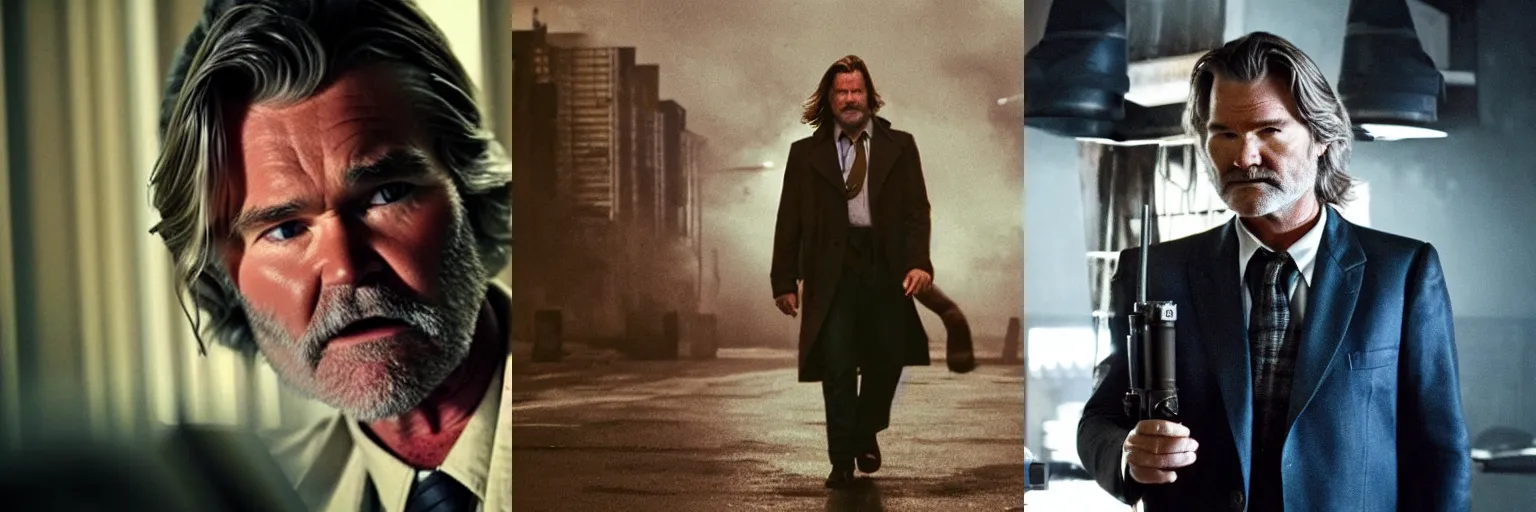 Prompt: close-up of Kurt Russell as a detective in a movie directed by Christopher Nolan, movie still frame, promotional image, imax 70 mm footage