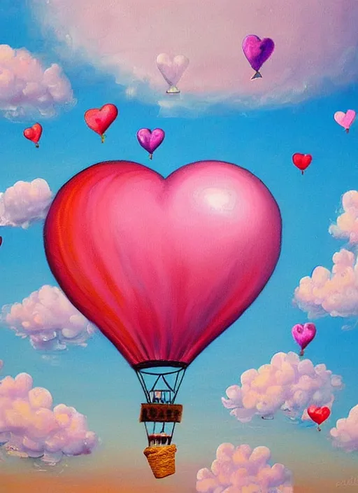 Image similar to detailed painting that is beautiful and whimsical with cotton candy clouds and balloon hearts and flowers inside