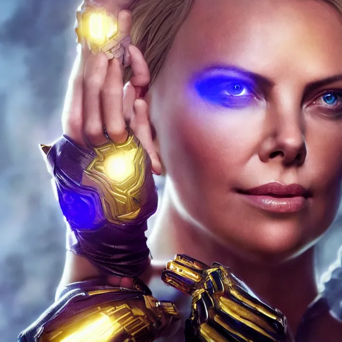 Image similar to portrait of ((Charlize Theron)), wearing The Infinity Gauntlet. SNAP. intricate artwork. octane render, trending on artstation, very coherent symmetrical artwork. avengers. thanos. cinematic, hyper realism, high detail, octane render, 8k, iridescent accents