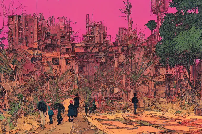 Image similar to on the street of abandoned town 2 people standing huddled together with spiny giant plants bursting through them, surreal, red sky, vivid colors, intricate design, painting by Laurie Greasley, part by Yoji Shinkawa, part by Norman Rockwell