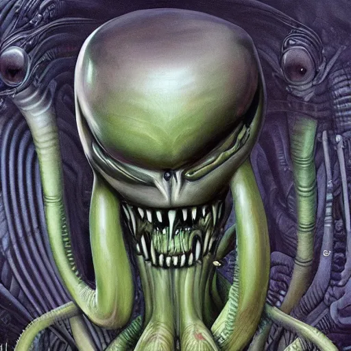 Image similar to detailed painting of mike wazowski that looks like a xenomorph, in the style of h r giger and wayne barlowe