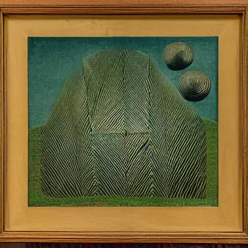 Prompt: geometrical landscape with grass and cones, h. r giger